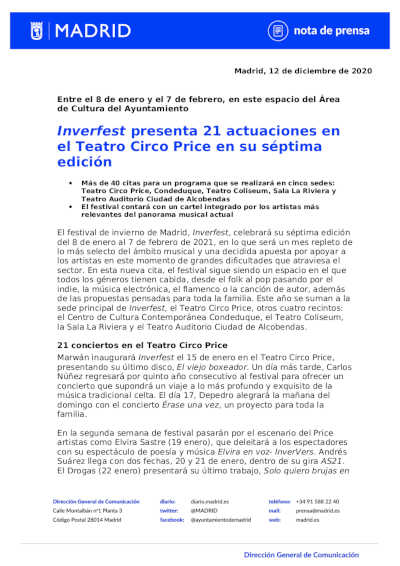 Inverfest presenta 21 conciertos en el Teatro Circo Price en su séptima edición