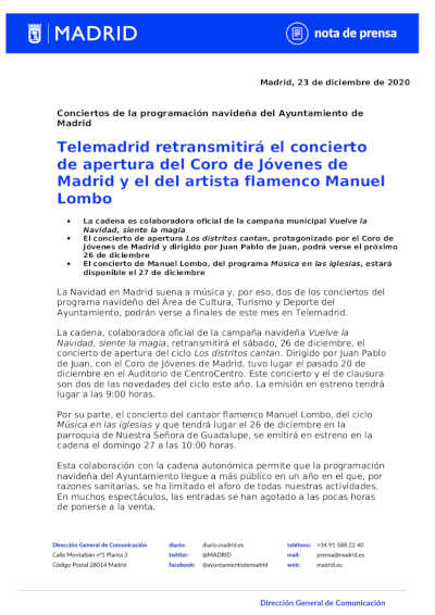 Telemadrid retransmitirá el concierto de apertura del Coro de Jóvenes de Madrid y el del artista flamenco Manuel Lombo