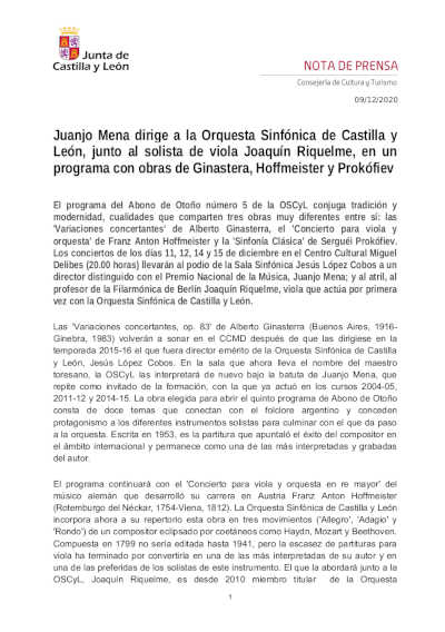 Juanjo Mena dirige a la Orquesta Sinfónica de Castilla y León, junto al solista de viola Joaquín Riquelme