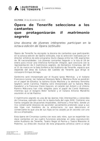 Ópera de Tenerife selecciona a los cantantes que protagonizarán ‘Il matrimonio segreto’