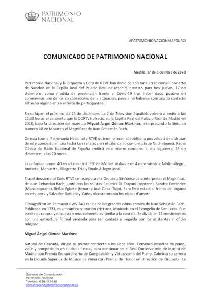 Patrimonio Nacional aplaza el Concierto de Navidad a celebrarse en Capilla Real del Palacio Real