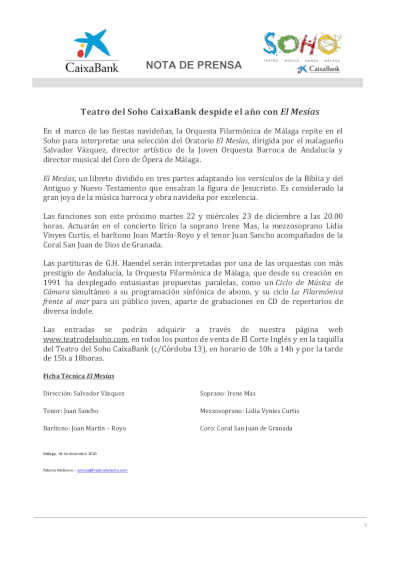 Teatro del Soho CaixaBank despide el año con El Mesías con la Orquesta Filarmónica de Málaga