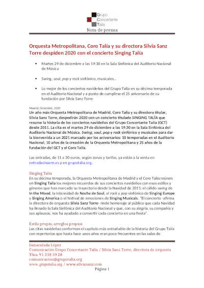 Orquesta Metropolitana, Coro Talía y su directora Silvia Sanz Torre despiden 2020