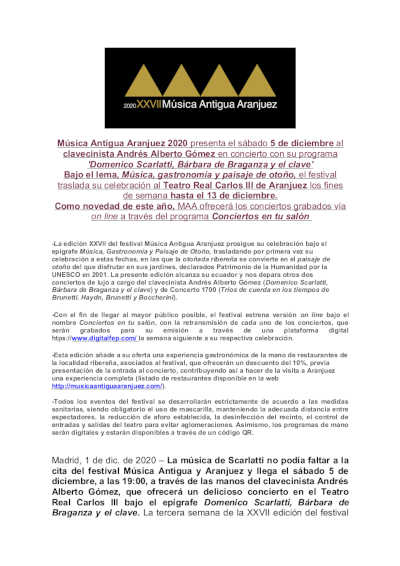 Llega el clavecinista Andrés Alberto Gómez a la XXVII edición del Festival de Música Antigua de Aranjuez