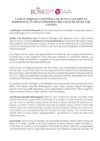 La Real Orquesta Sinfónica de Sevilla celebra su cuarto concierto del ciclo de música de cámara