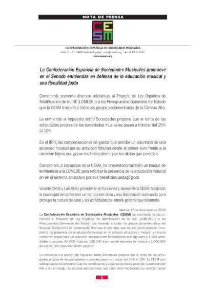 La Confederación Española de Sociedades Musicales promueve en el Senado enmiendas en defensa de la educación musical