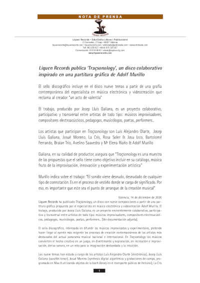 Liquen Records publica ‘Traçsonology’, un disco colaborativo inspirado en una partitura gráfica de Adolf Murillo