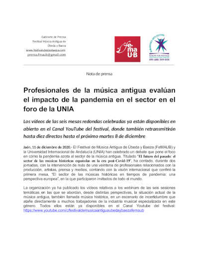Profesionales de la música antigua evalúan el impacto de la pandemia en el sector en el foro de la UNIA Profesionales de la música antigua evalúan el impacto de la pandemia en el sector en el foro de la UNIA