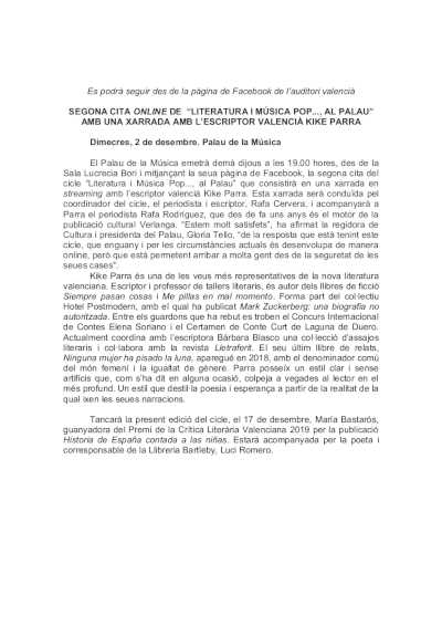 Segunda cita online de “Literatura y música pop al Palau” en una charla con el escritor Kike Parra