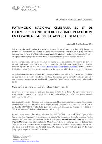 Concierto aplazazo: Patrimonio Nacional celebraraì el 17 de diciembre su Concierto de Navidad con la OCRTVE