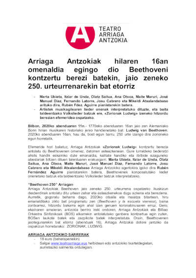 El Teatro Arriaga rendirá tributo a Beethoven con un concierto especial coincidiendo con su 250 aniversario