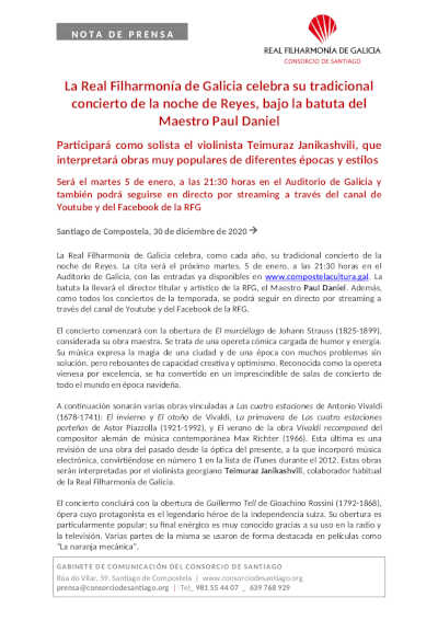 La Real Filharmonía de Galicia celebra su tradicional concierto de la noche de Reyes, bajo la batuta del Maestro Paul Daniel