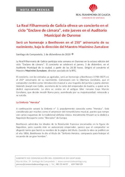 La Real Filharmonía de Galicia ofrece un concierto en el ciclo “Enclave de cámara”