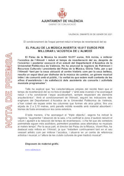 El Palau de la Música invierte 18.017€ para mejorar la acústica del Almudín