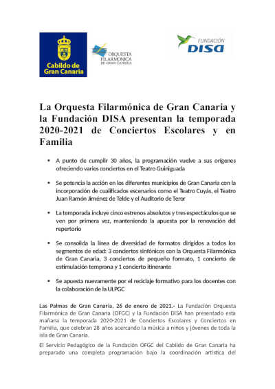 La Orquesta Filarmónica de Gran Canaria y la Fundación DISA presentan la temporada 2020-2021