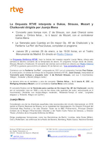 Juanjo Mena dirige la Orquesta Sinfónica RTVE con un programa de Dukas, Strauss, Mozart y Chaikovski