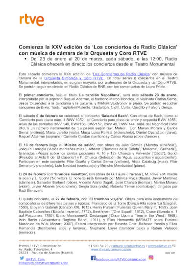 Comienza la XXV edición de ‘Los conciertos de Radio Clásica’ con música de cámara de la Orquesta y Coro RTVE