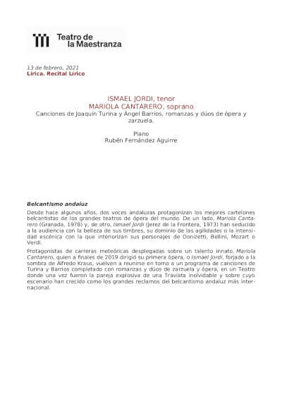 Ismael Jordi y Mariola Cantarero en concierto con canciones de Turina y Barrios en el Teatro de la Maestranza