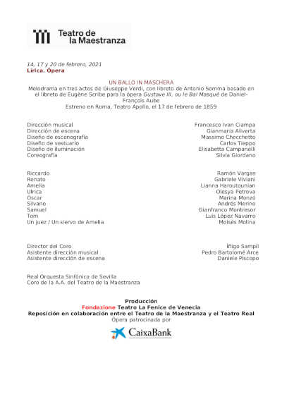 Un ballo in maschera, de Giuseppe Verdi en el Teatro de la Maestranza de Sevilla