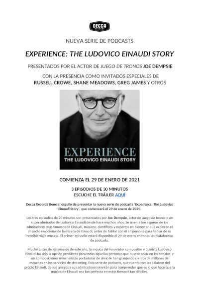 Decca Records presenta «Experience: The Ludovico Einaudi Story», tres podcast con el innovador compositor y pianista