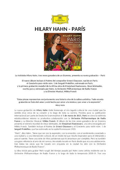La violinista Hilary Hahn, ganadora de tres Grammy, presenta su álbum «París»