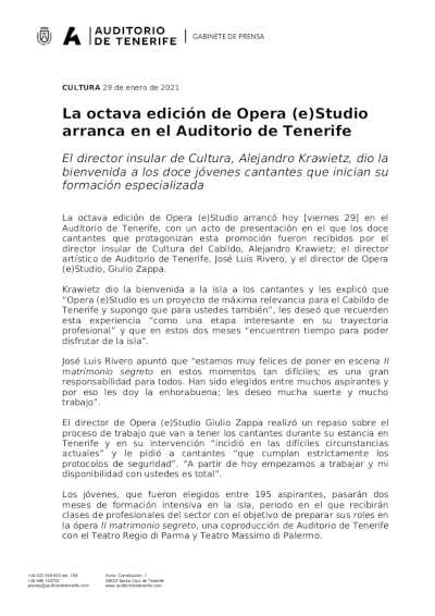 La octava edición de Opera (e)Studio  arranca en el Auditorio de Tenerife
