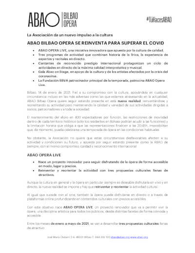 ABAO BILBAO se reinventa para superar el Covid y crea ABAO OPERA LIVE