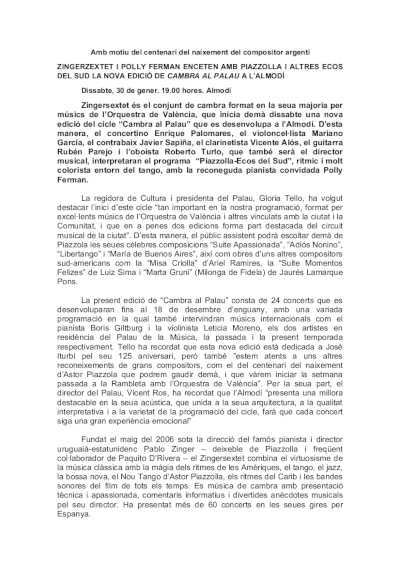 Zingersextet y Polly Ferman inician con Piazzola y Otros Ecos del Sur nuevo ciclo Cambra al Palau en el Almudín