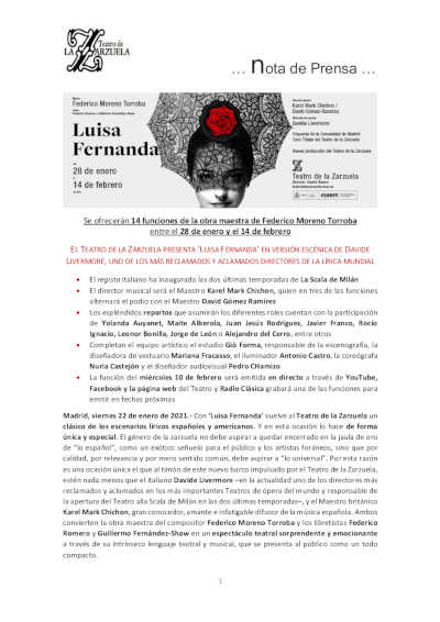 El Teatro de la Zarzuela presenta «Luisa Fernanda» en versión escénica de Davide Livermore