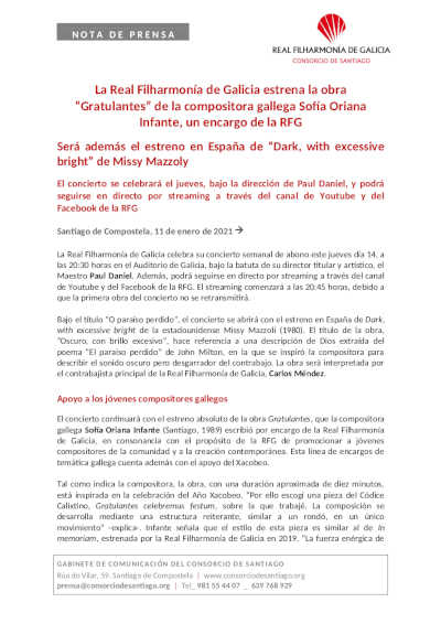 La Real Filharmonía de Galicia estrena la obra “Gratulantes” de la compositora gallega Sofía Oriana Infante