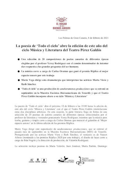 La poesía de ‘Todo el cielo’ abre la edición de este año del ciclo Música y Literatura del Teatro Pérez Galdós