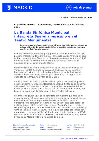 La Banda Sinfónica Municipal interpreta Sueño americano en el Teatro Monumental