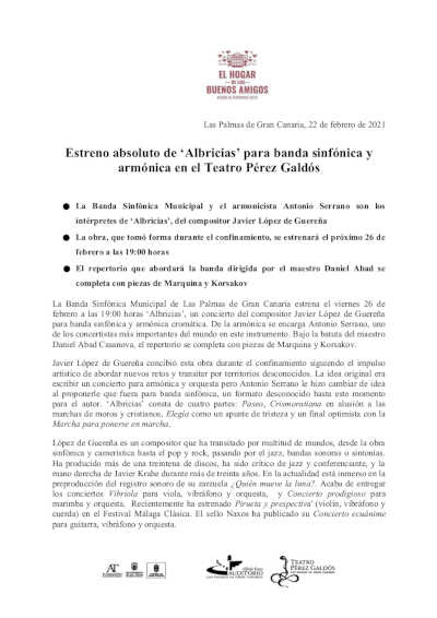 Estreno absoluto de ‘Albricias’ para banda sinfónica y armónica en el Teatro Pérez Galdós Estreno absoluto de ‘Albricias’ para banda sinfónica y armónica en el Teatro Pérez Galdós