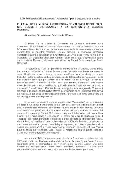 El Palau de la Música y la Orquesta de València dedican concierto a la compositora Claudia Montero