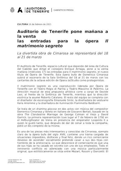 Auditorio de Tenerife pone a la venta las entradas para la ópera Il matrimonio segreto
