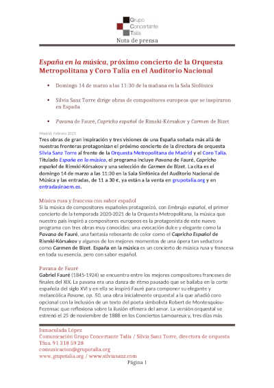 España en la música, próximo concierto de la Orquesta Metropolitana y Coro Talía en el Auditorio Nacional