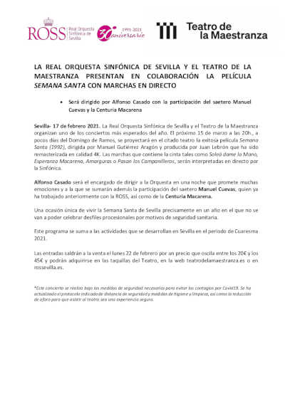 La Real Orquesta Sinfónica de Sevilla y el Teatro de la Maestranza colaboran en la película Semana Santa