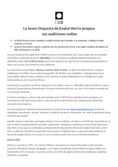 La Joven Orquesta de Euskal Herria prepara  sus audiciones online