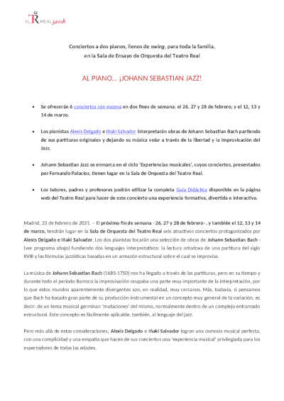 Johann Sebastian Jazz: Un ciclo de 6 conciertos para toda la familia en el Teatro Real
