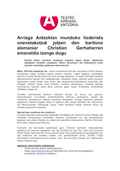 El Teatro Arriaga acoge la actuación del barítono Christian Gerhaher, uno de los mejores liederistas del mundo El Teatro Arriaga acoge la actuación del barítono Christian Gerhaher, uno de los mejores liederistas del mundo
