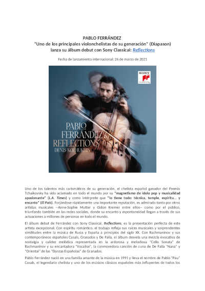 Pablo Ferrández, «uno de los principales violoncelistas de su generación», según Diapason, debuta con Sony Classical