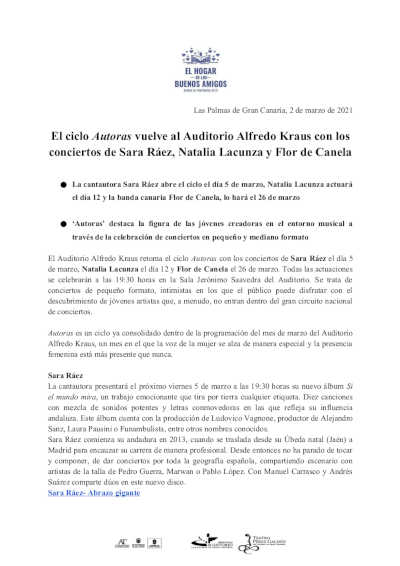 El ciclo Autoras vuelve al Auditorio Alfredo Kraus con los conciertos de Sara Ráez, Natalia Lacunza y Flor de Canela El ciclo Autoras vuelve al Auditorio Alfredo Kraus con los conciertos de Sara Ráez, Natalia Lacunza y Flor de Canela