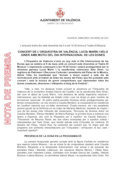 Concierto de la Orquesta de València, Lucía Marín y Xelo Giner con motivo del Día de las Mujeres