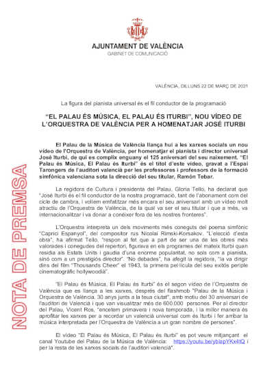 «El Palau es Música, el Palau es Iturbi», nuevo vídeo de la Orquesta de València en homenaje a José Iturbi