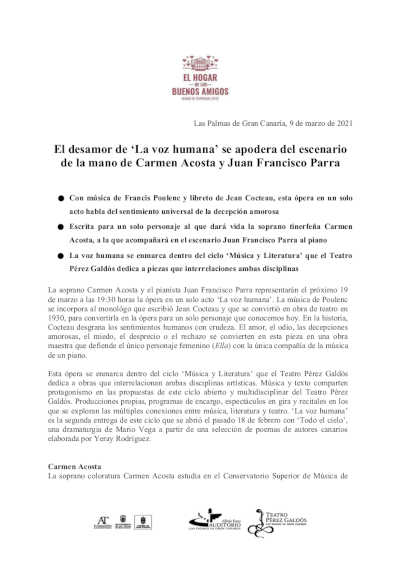 El desamor de ‘La voz humana’, ópera de un solo acto de Carmen Acosta y Juan Francisco Parra