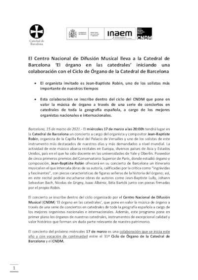 El Centro Nacional de Difusión Musical lleva a la Catedral de  Barcelona ‘El órgano en las catedrales’