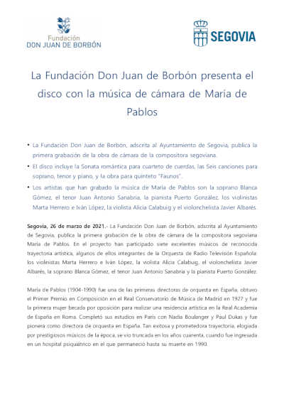 La Fundación Don Juan de Borbón presenta el disco con la música de cámara de María de Pablos