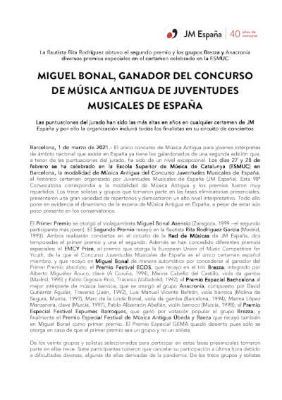 Miguel Bonal es el ganador del Concurso de Música Antigua de Juventudes Musicales de España