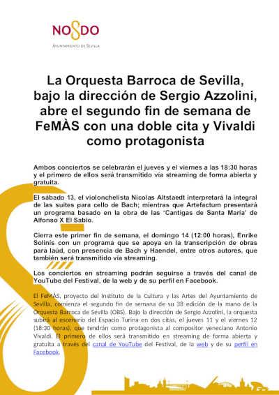 La Orquesta Barroca de Sevilla, bajo la dirección de Sergio Azzolini, abre el segundo fin de semana de FeMÀS La Orquesta Barroca de Sevilla, bajo la dirección de Sergio Azzolini, abre el segundo fin de semana de FeMÀS