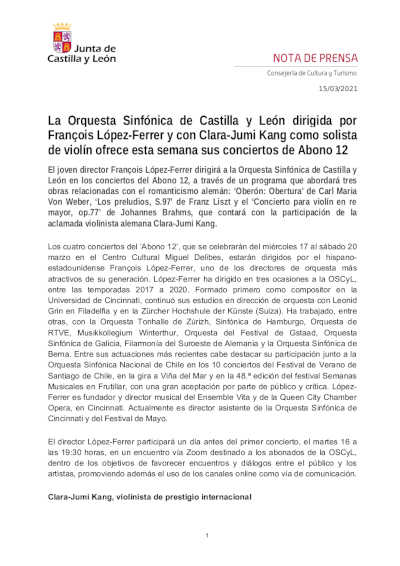 La Orquesta Sinfónica de Castilla y León dirigida por François López-Ferrer y con Clara-Jumi Kang como solista de violín La Orquesta Sinfónica de Castilla y León dirigida por François López-Ferrer y con Clara-Jumi Kang como solista de violín